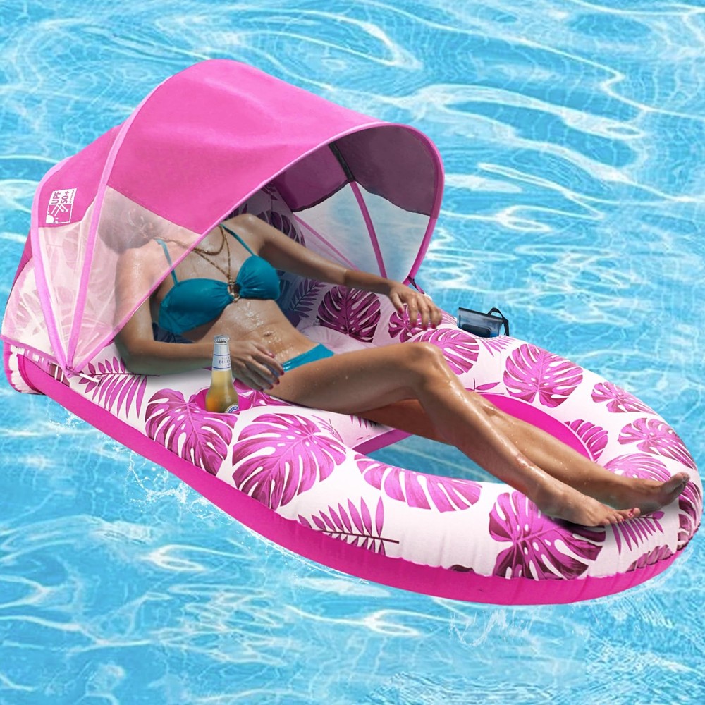Extra Large Inflatable Pool Float with Canopy and Cup Holder - Pink