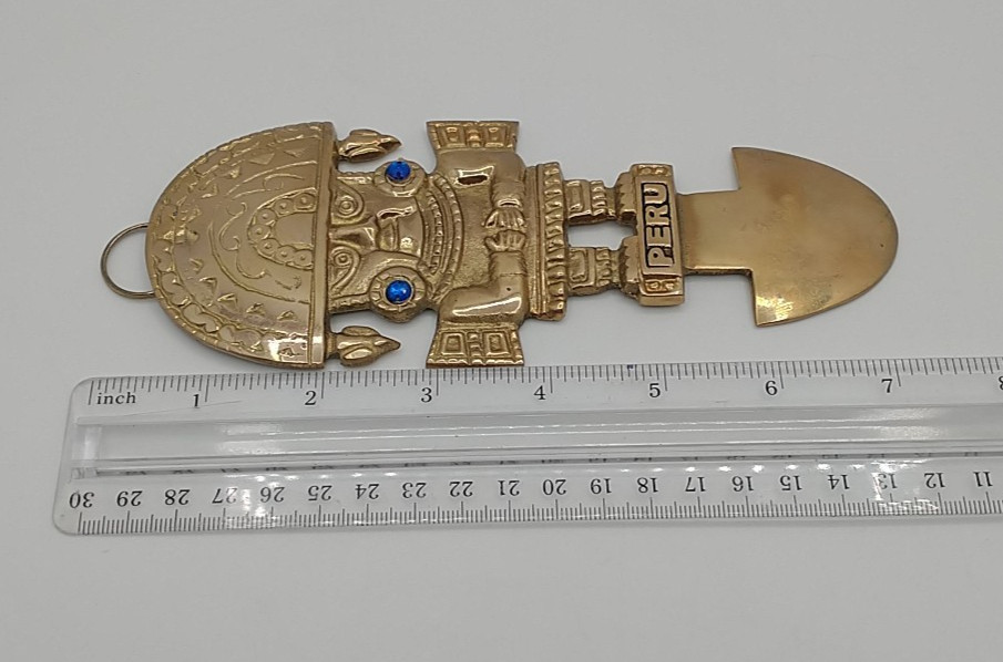 Vtg Brass Peru Peruvian Inca Tumi Ceremonial Hanging Wall Art Blue Rhinestones