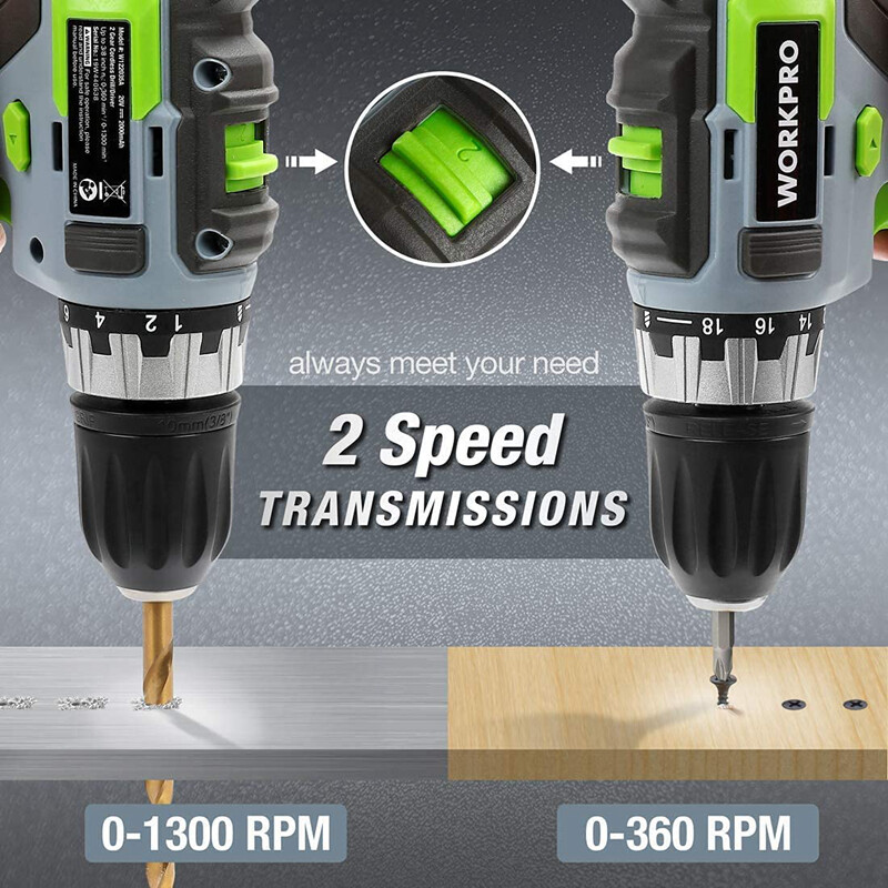 WORKPRO 20V Cordless Drill/Driver Kit 3/8" 18+2 Torque Setting Variable Speed US