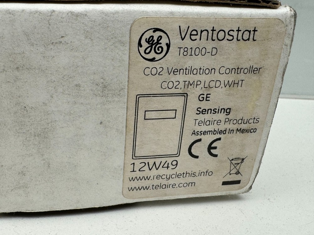 GE Sensing T8100-D Ventostat CO2 Ventilation Controller TMP, LCD, WHT