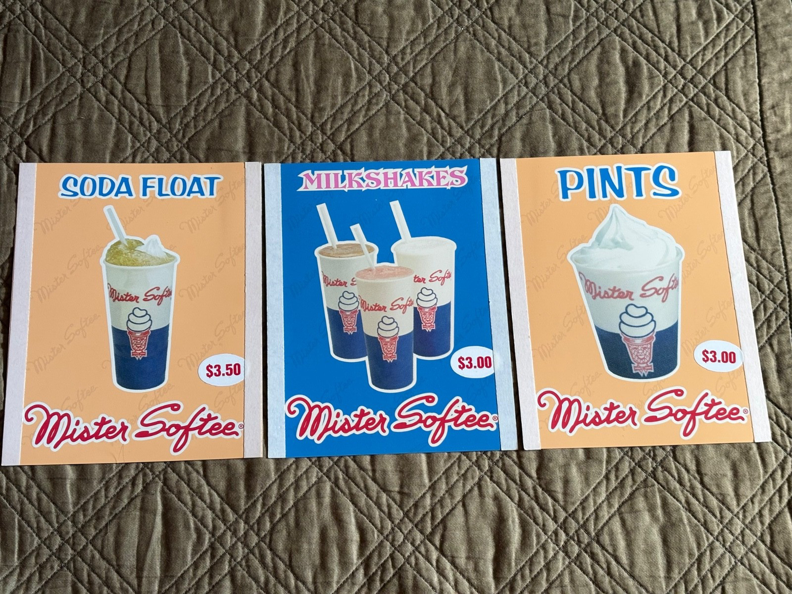 3 Mister Softee MilkShake, Soda Float & Pints Sign with /Tack strips for Windows