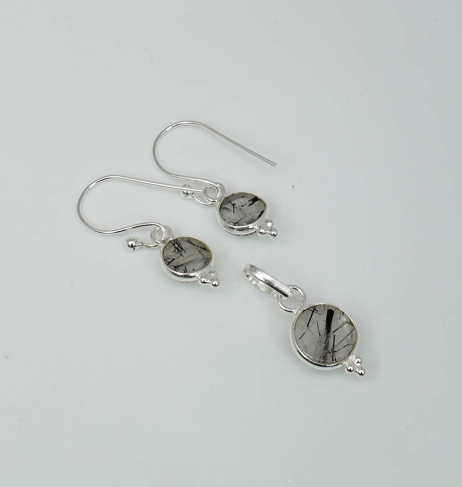925 Solid Sterling Silver Black Rutile Hook Earring Pendant Set