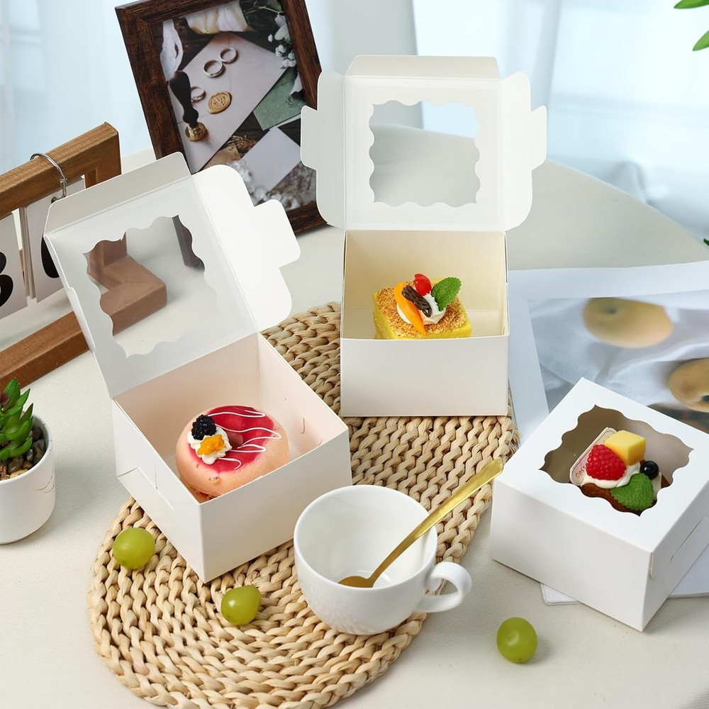 50pcs White Cookie Boxes with Window – 4x4x2.5” Elegant Bakery Gift Packaging