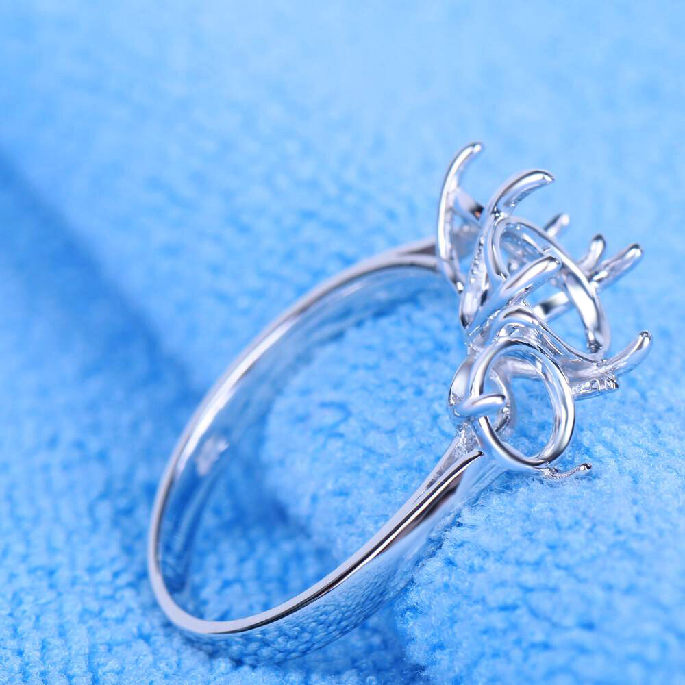 Solid 10K White Gold Three-Stone 8mm&6mm Round Empty Ring Setting