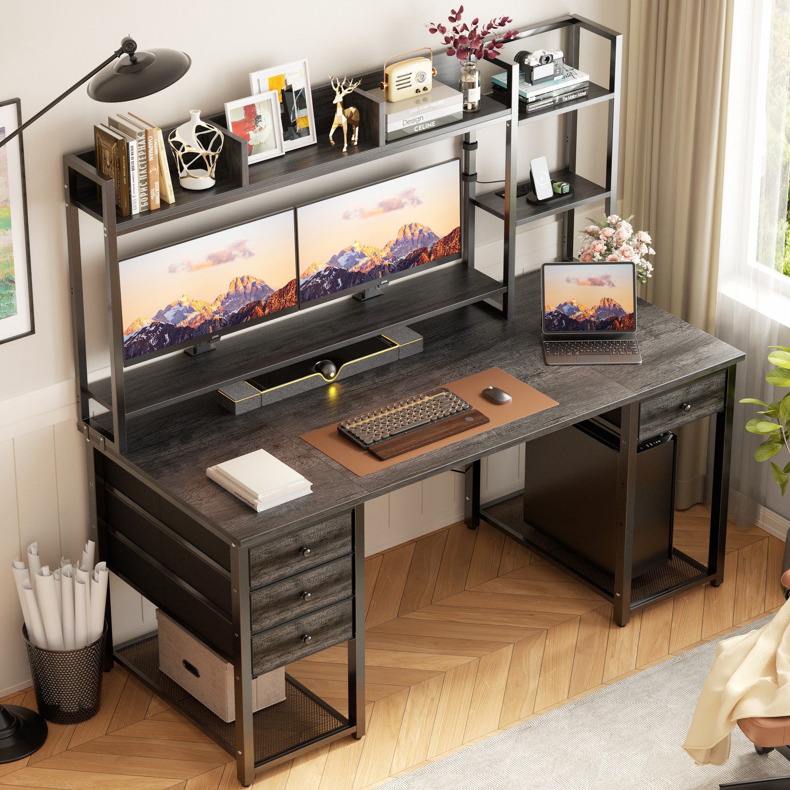55'' Computer Desk with Hutch and 4 Fabric Drawer ＆ Charge Station ＆ LED Lights