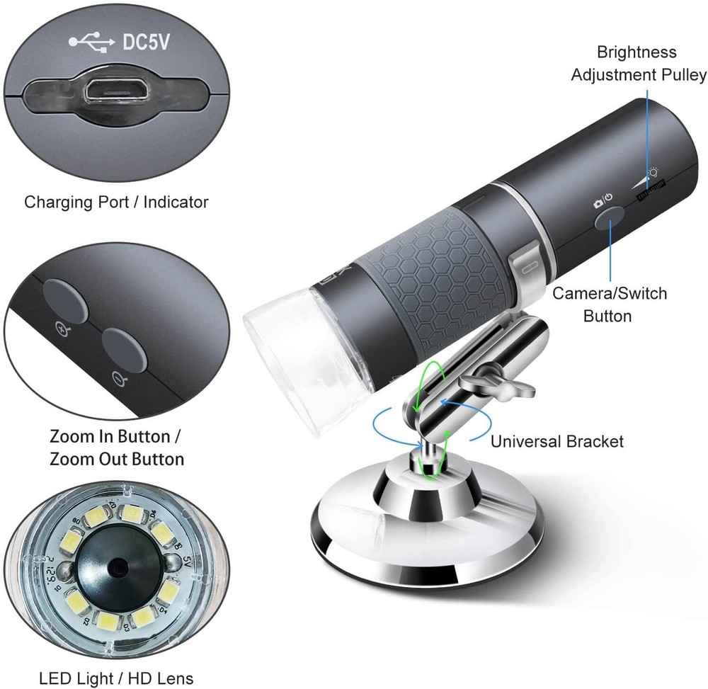 Ninyoon 4K WiFi Microscope for iPhone Android PC, 50-1000X USB Digital Grey