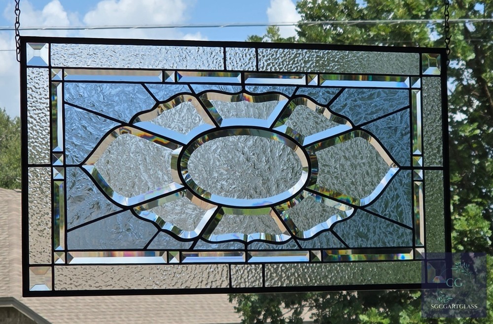 Contemporary rectangular stained glass window panel hanging 26 1/2 x 14 1/2 priv