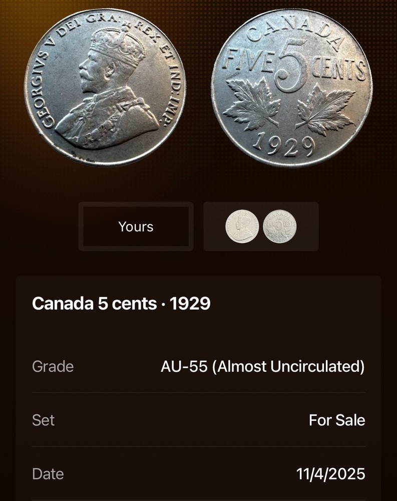 1929 Canada 🇨🇦 5 Cents ~ (AU) Condition