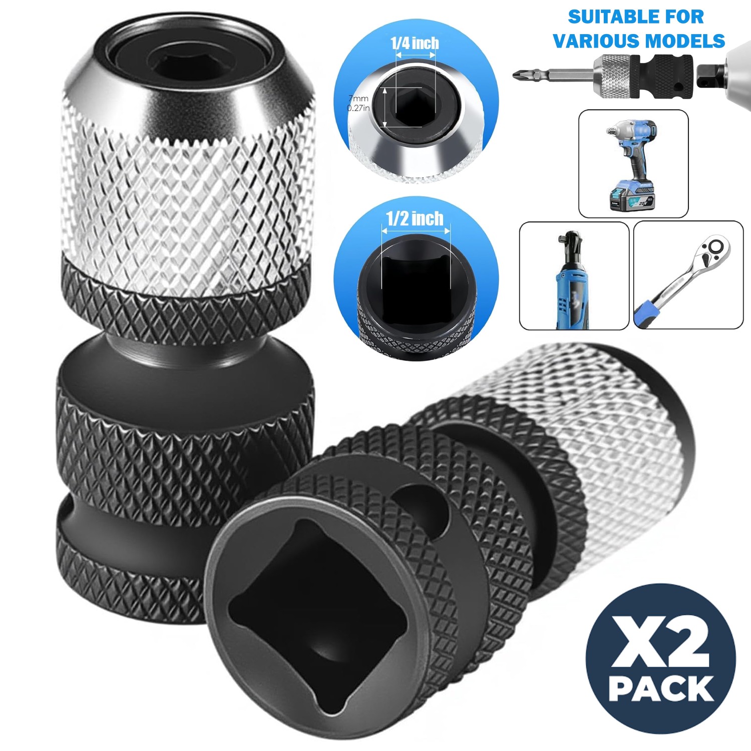 2 Adaptador De 1/2 a 1/4 Para Taladro Impacto Heavy Duty Llave Vaso Hexagonal
