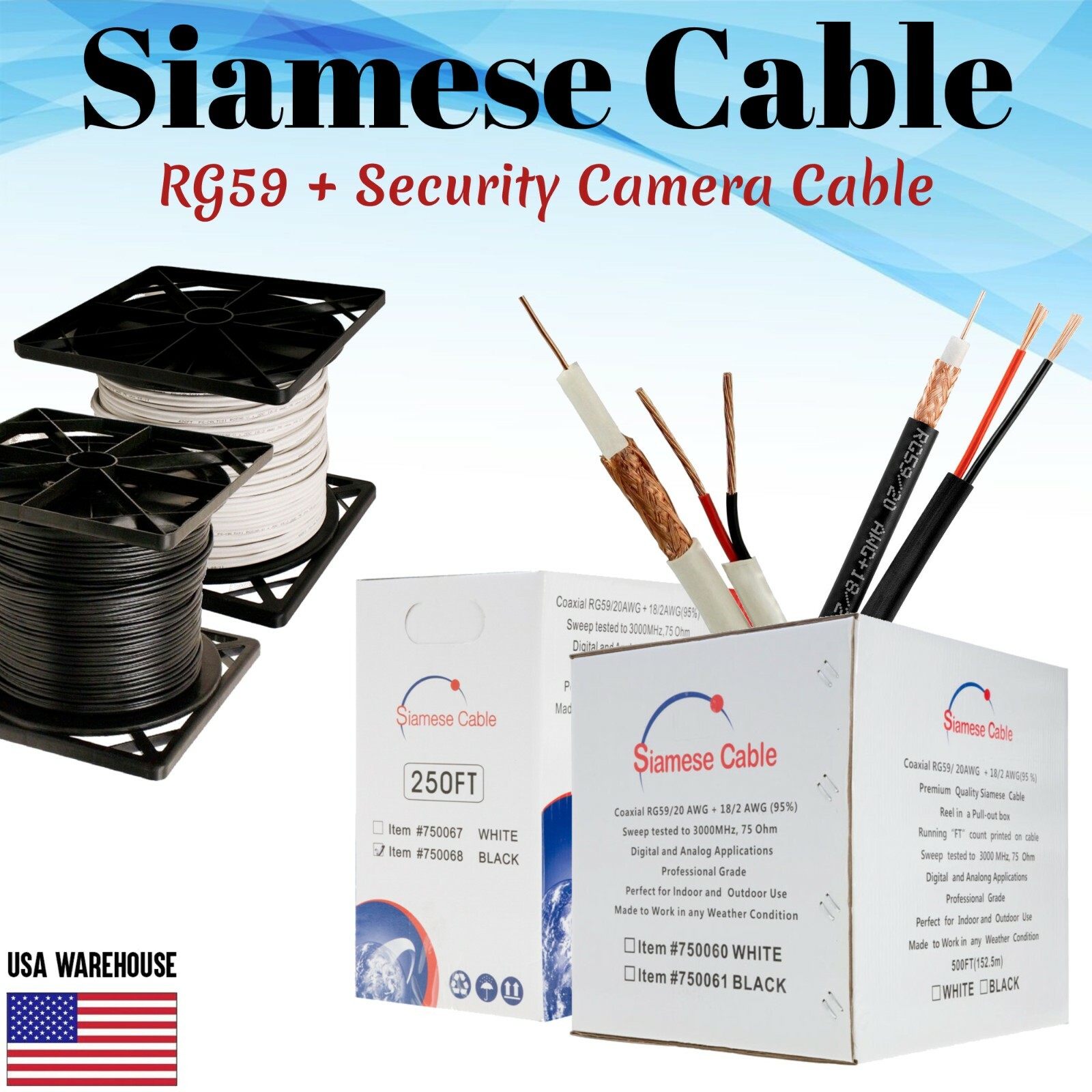 RG59 Siamese Cable 250ft 500ft 1000ft Coaxial 20AWG + 18/2 Security Camera Wire