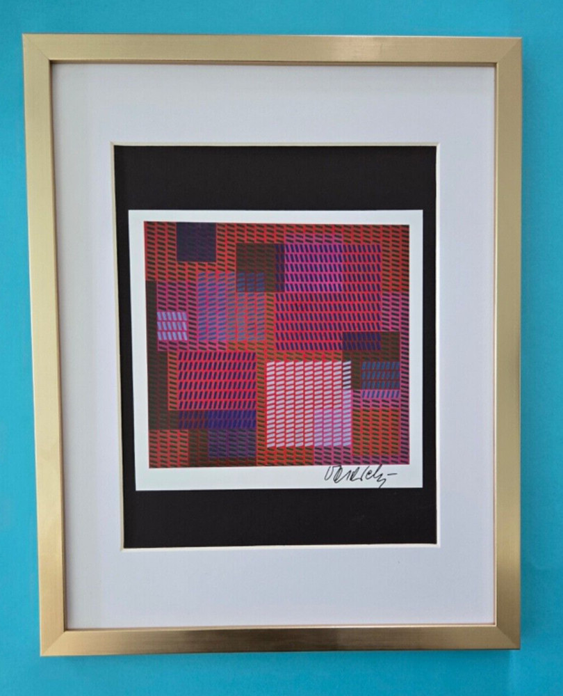 VICTOR VASARELY + SIGNED GEOMETRIC ABSTRACT PRINT FROM 1970s NEW FRAME