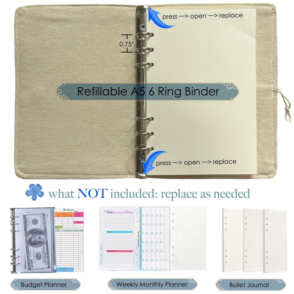 A5 Binder, 6 Ring Binder, Refillable Journal, Butterfly Notebook, Embroidered...