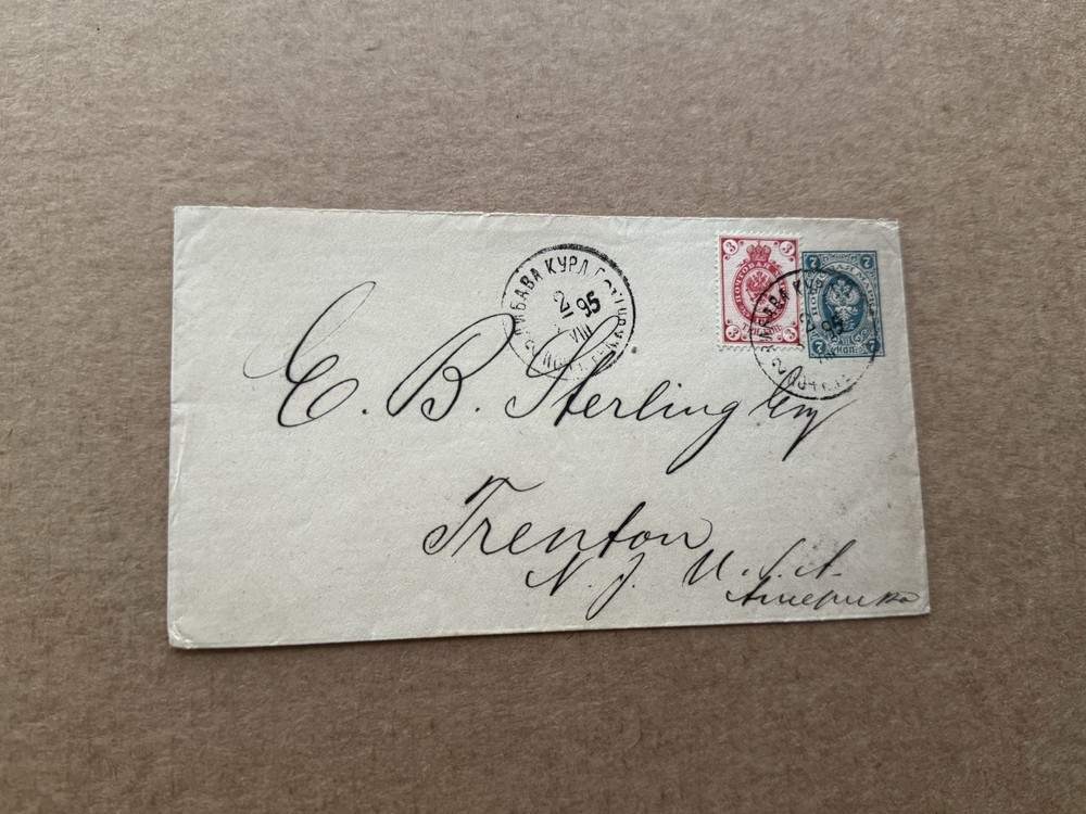 Russia 1895 Uprated Stationery to US +Franking Coat of Arms #48 +Trenton Arrival