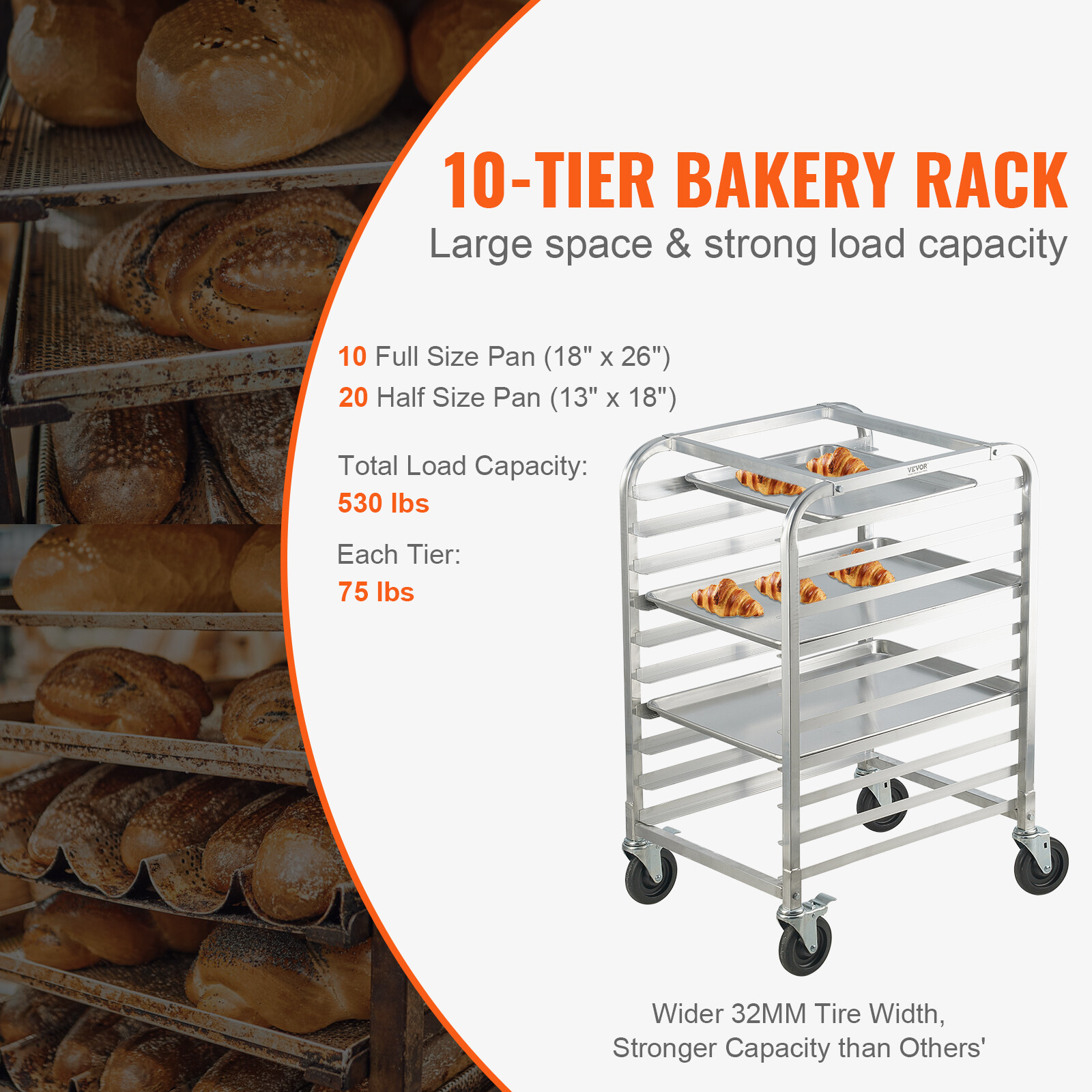 VEVOR 10 Sheet Commercial Bun Pan Rack Kitchen Aluminum Baking Racks Brake Wheel