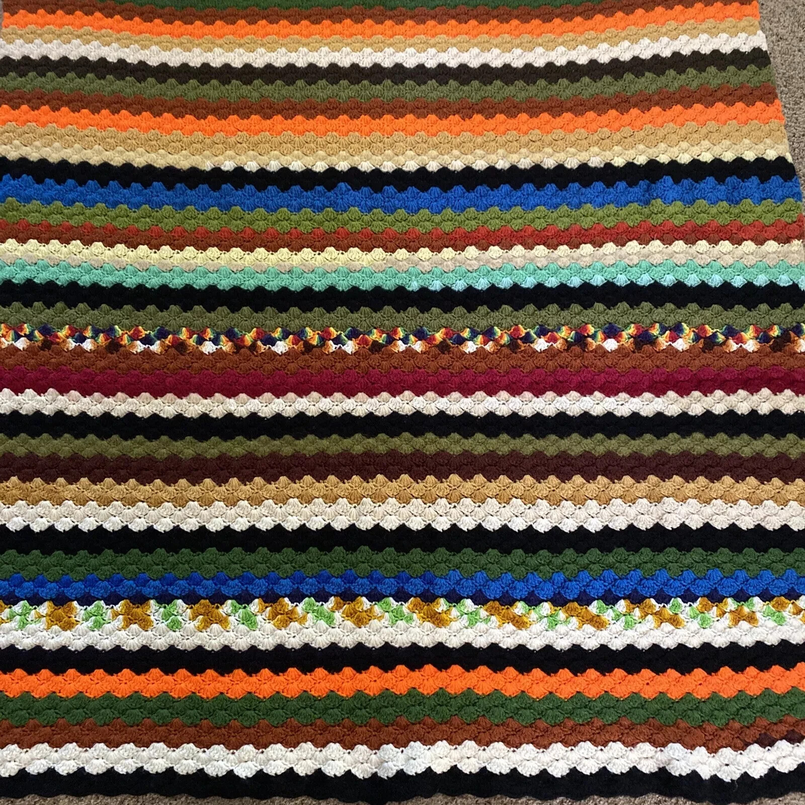 Handmade Vintage Crochet Granny Shell Afghan Throw 52"x52" Retro Colorful Boho