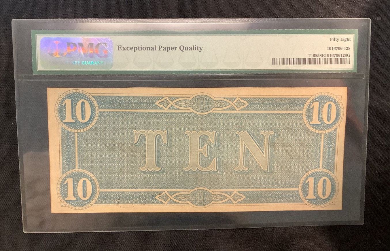 PMG $10 1864 Confederate States of America T-68 About Uncirculated 58 EPQ