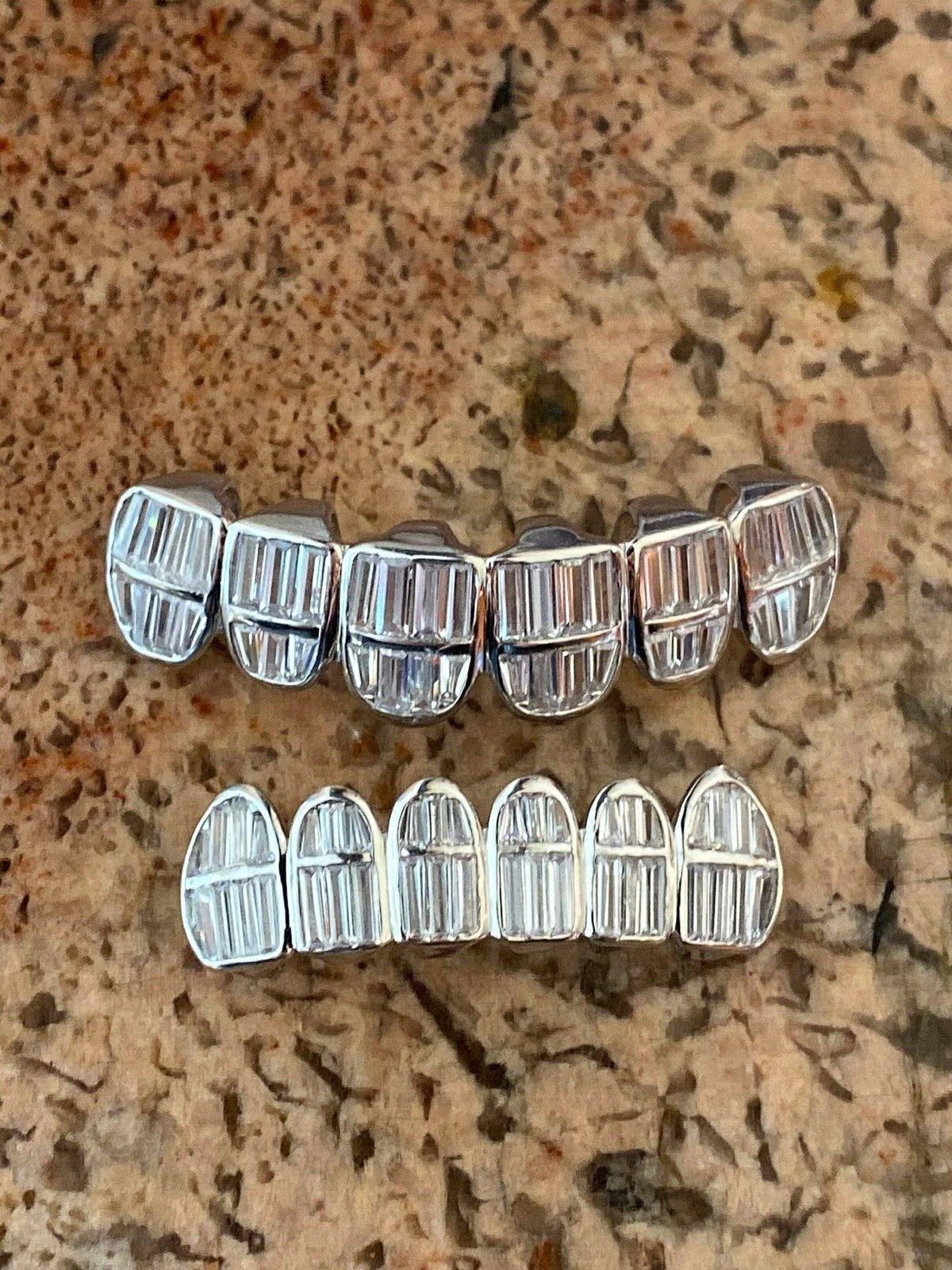 Real 925 Sterling Silver ICED Baguette Rapper GRILLZ Teeth Top & Bottom Set ICY