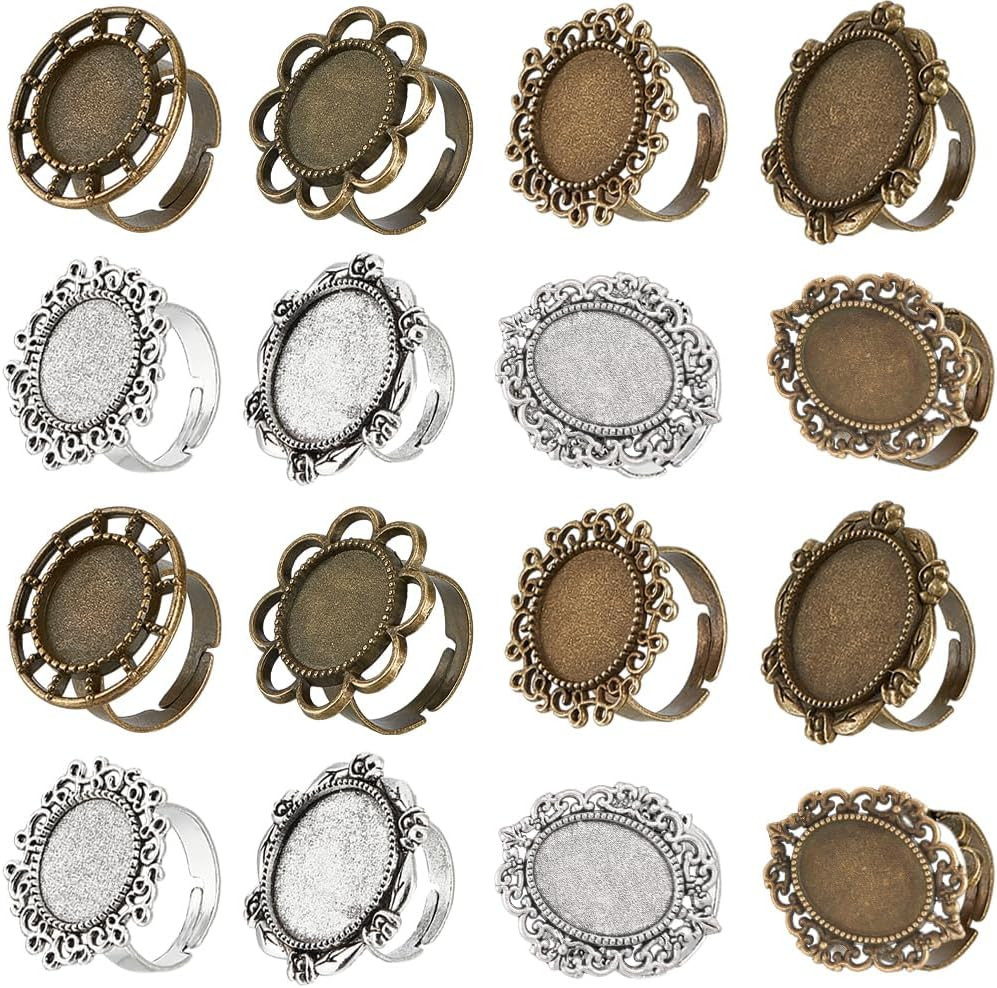16Pcs 8 Style Adjustable Blank Rings Bulk Bezel Ring Blanks Antique Silver Bronz