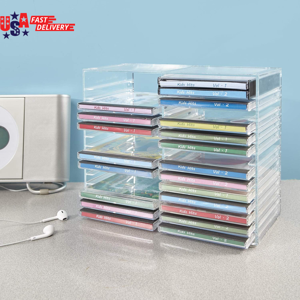 Stackable Clear Plastic CD Organizer with Rubber Feet | Rectangular Jewel Cases