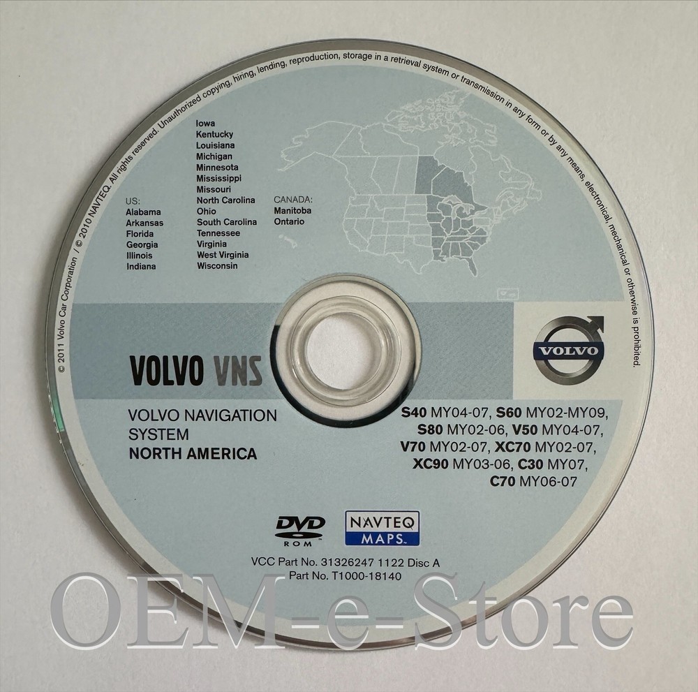 2002-2009 Volvo S60 Navigation DVD Coverage U.S Midwest & Southeast Region Map
