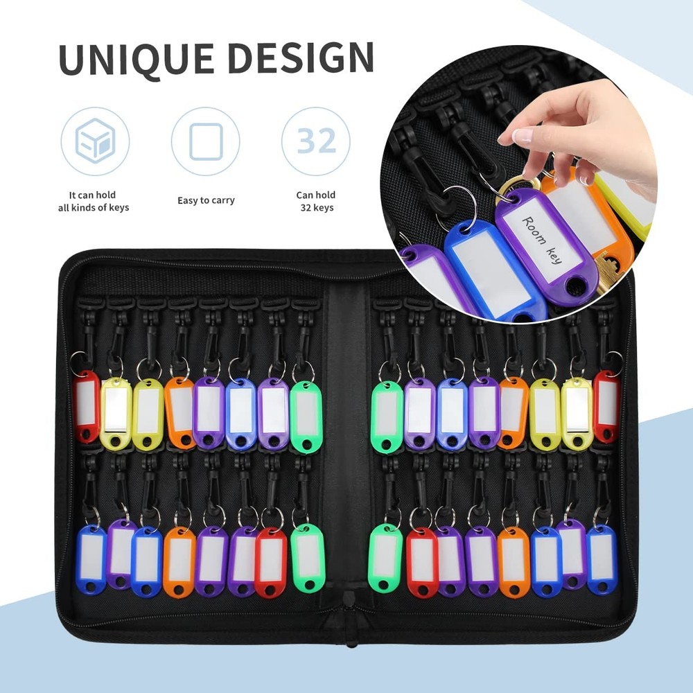 32 Key Portable Zippered Key Case, Fireproof, Waterproof, Binder, Tags