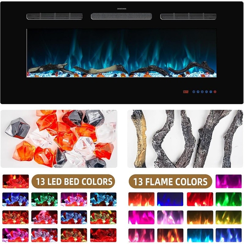 Electric Fireplace Insert Wall Mounted Heater Remote Control Multicolor Flame US