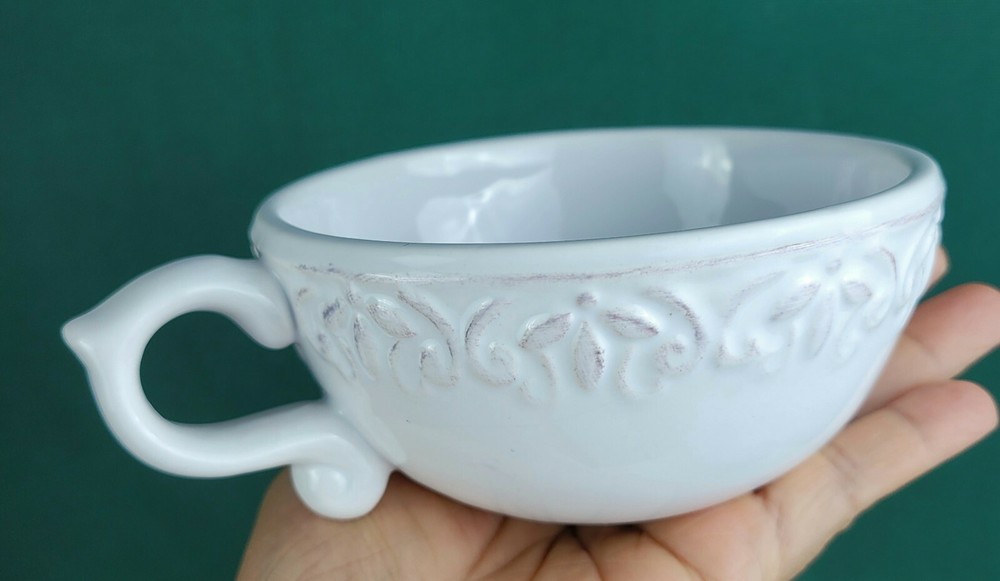 Dena Home Stackable Teapot + Cup - White Embossed Scroll/Floral