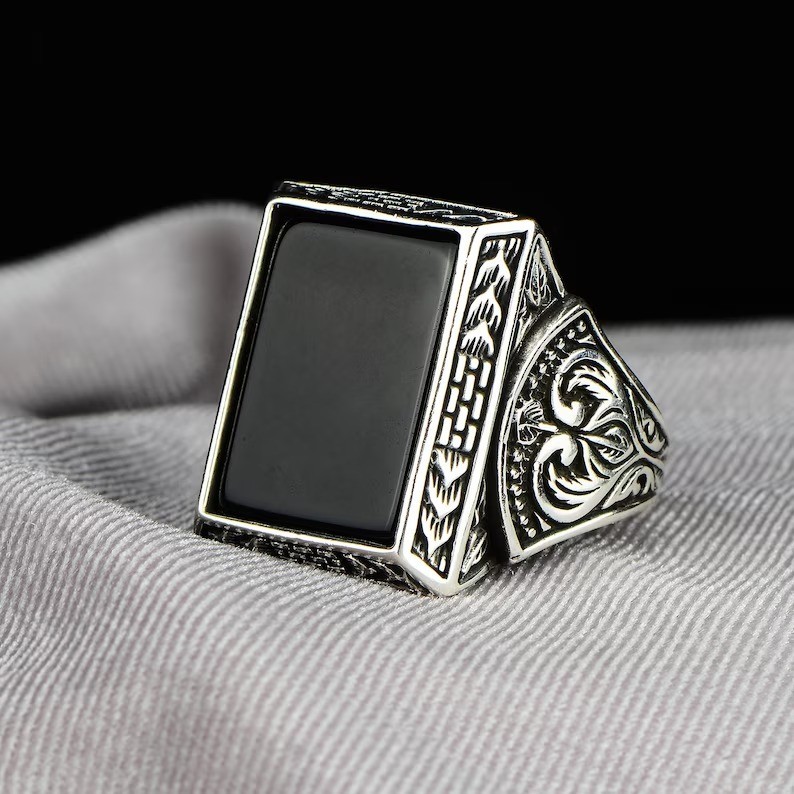 Mens Sterling Silver Black Onyx Rectangular Statement Ring 925 Silver Ring.