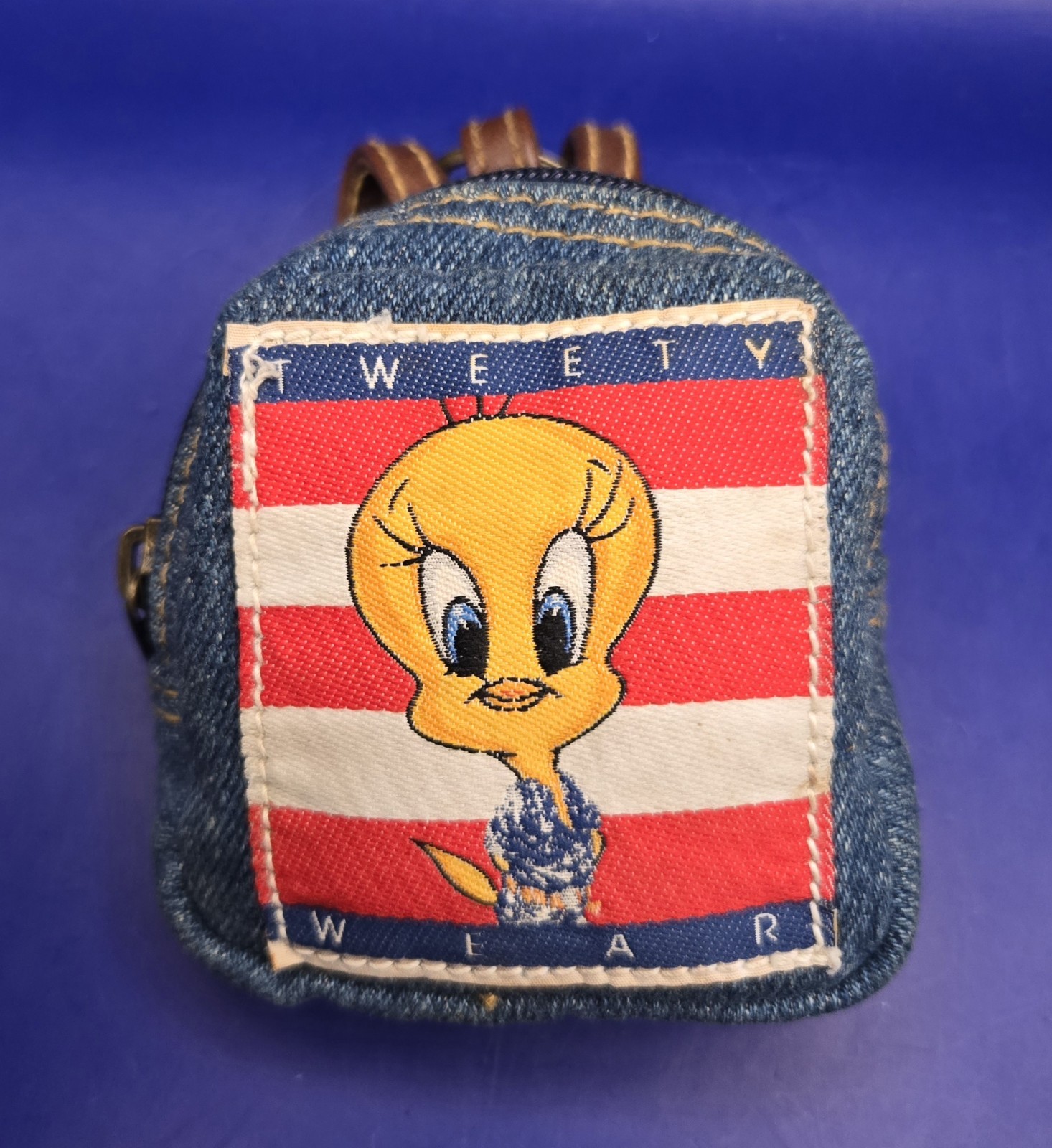 Vtg 1998 Warner Bros Looney Tunes "TWEETY WEAR" Mini Denim Backpack w/Keychain🐤