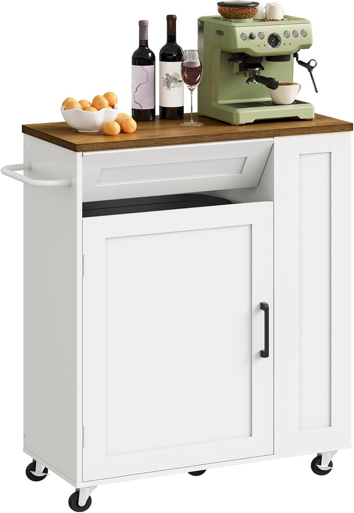 Mobile Kitchen Island Cart with Storage & Hidden Trash Bin - White/Walnut