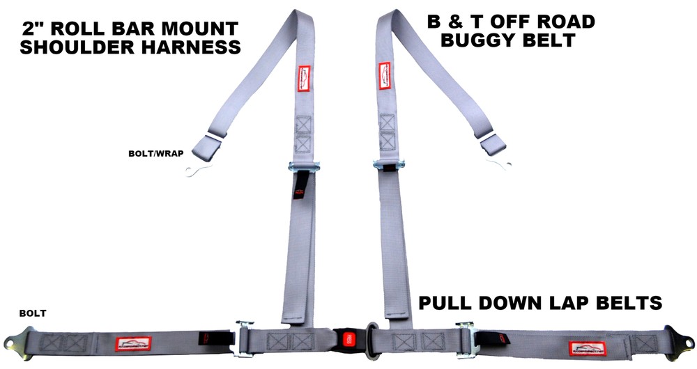 GRAY 4 POINT SEAT BELT HARNESS PULL DOWN LAP BELTS ROLL BAR MOUNT PUSH BUTTON