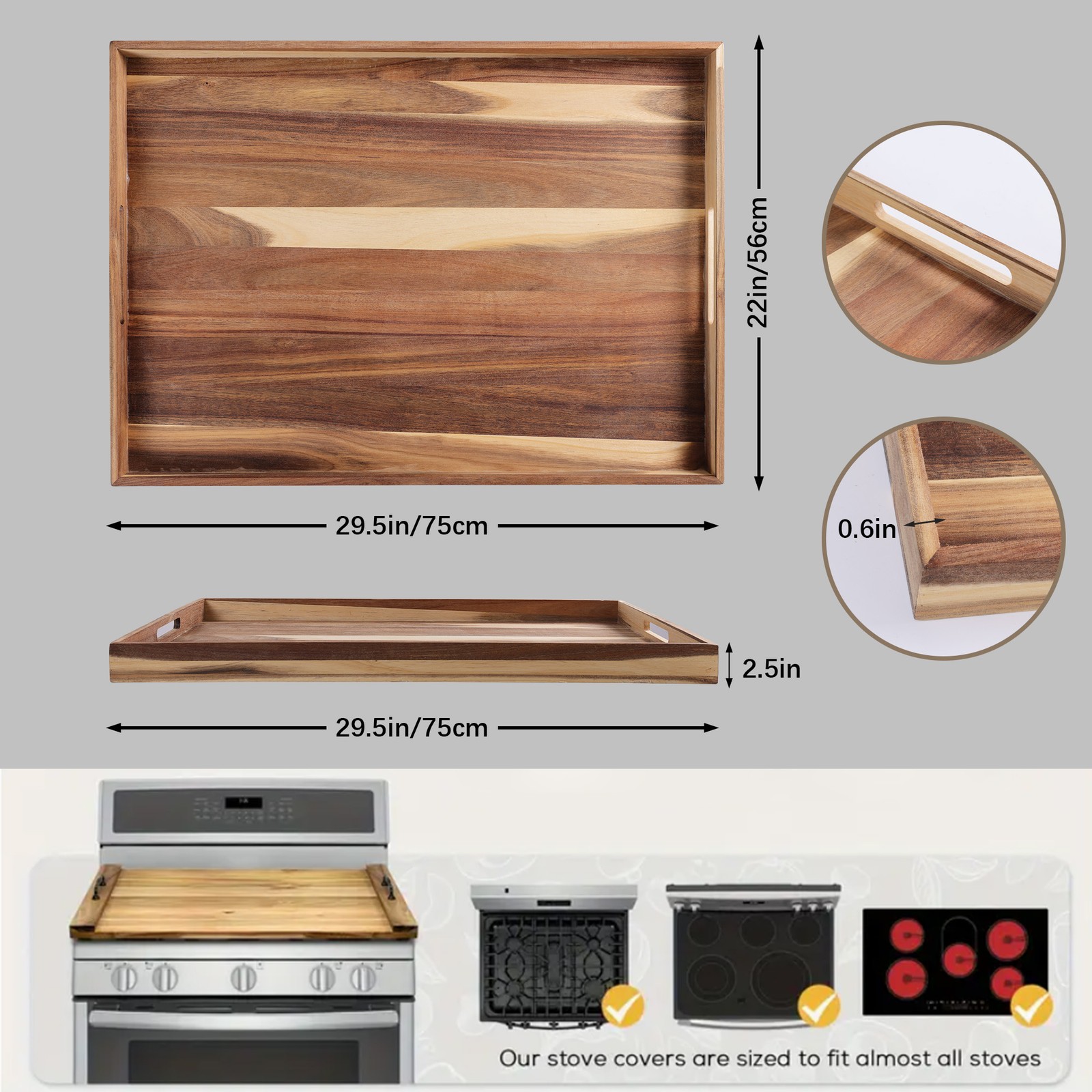 30"x22" Acacia Stove Cover Noodle Board w/ Juice Groove for Gas & Electric Stove