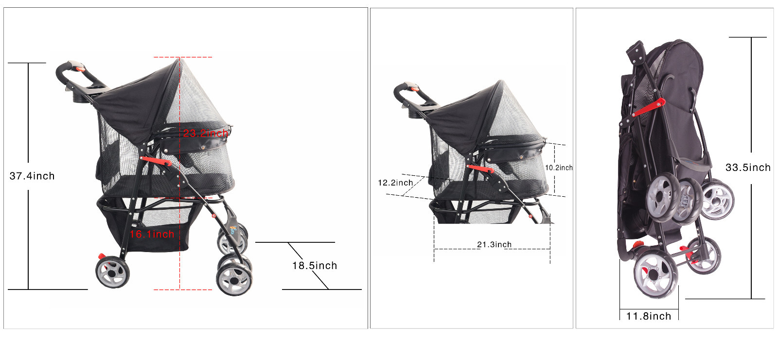 Full-Window Pet Stroller 4 Wheels for Cats & Dogs, with Storage Basket.