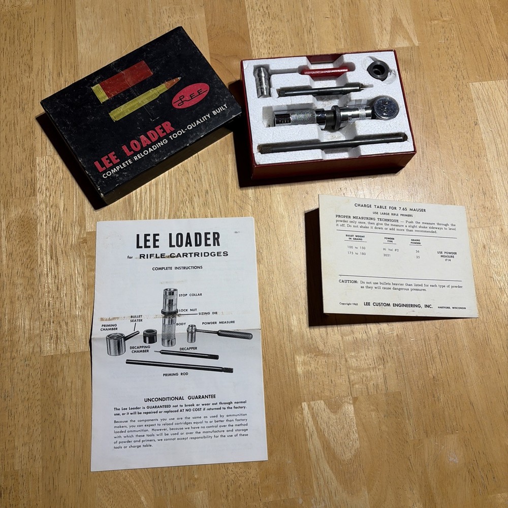 Lee Loader 7.65 Mauser Reloading Tool Factory Box w/ Charge Table, Instructions