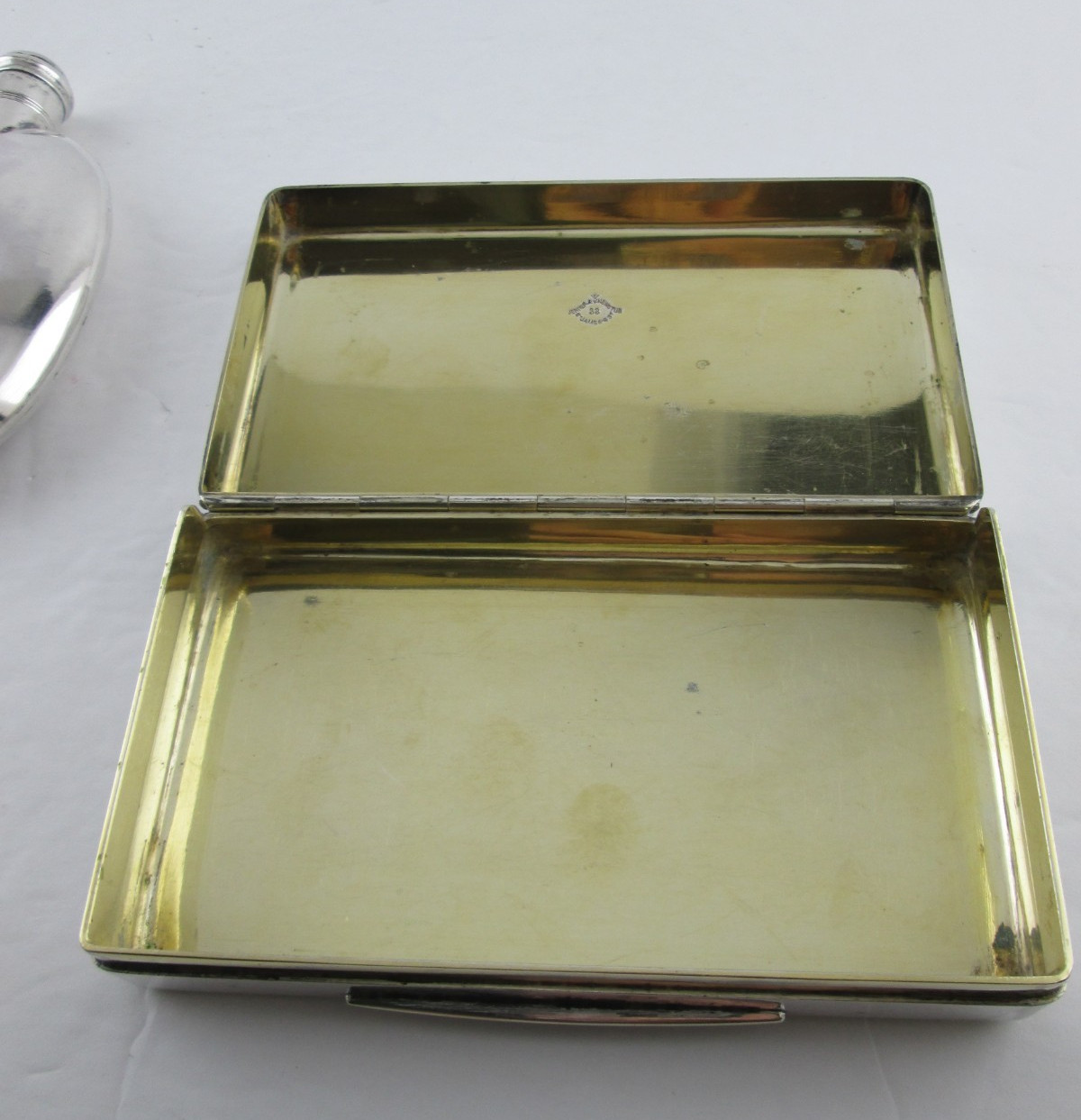 Victorian Antique Leather Case Sterling Silver Spirit Flask plus Cigarette Case