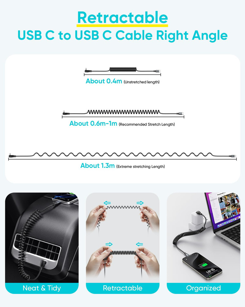 Right Angle Coiled USB C Cable 5FT [Recommended Stretch Length:1.3Ft-3.3Ft] 1Pac