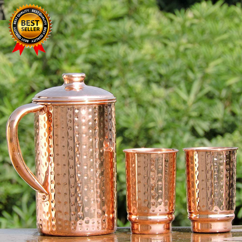 - Pure Copper Hammered Water Jug with 2 Hammered Copper