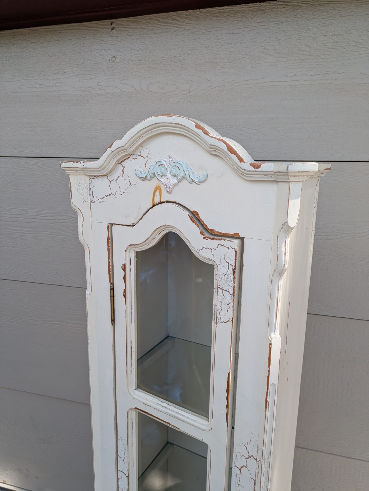 Vintage Shabby Chic French Country Cottage White Curio Display Cabinet Iron Legs