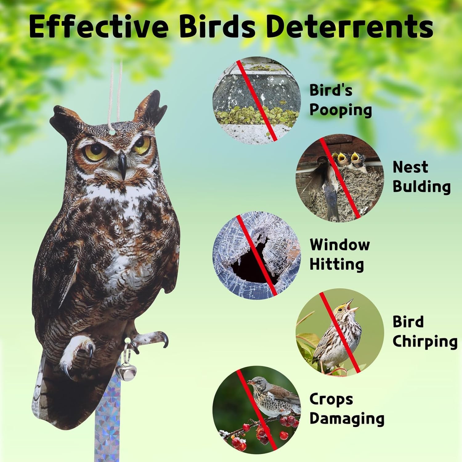 Bird Scarer, 4Pack Fake Owl Hanging to Keep Birds Away Mighty Hawks 4pcs