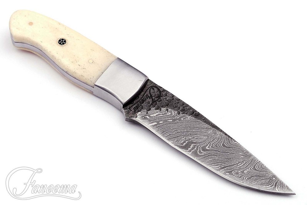 Hand Forged Damascus 4.5" Knife with Hammerwork and Bone Handle