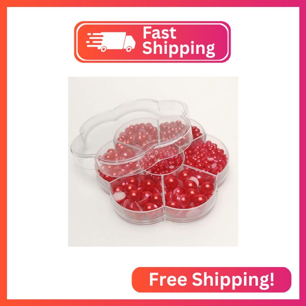 Chenkou Craft 1900pcs Red Assorted 7 Sizes Imitation Half Pearl Bead Flatback Sc