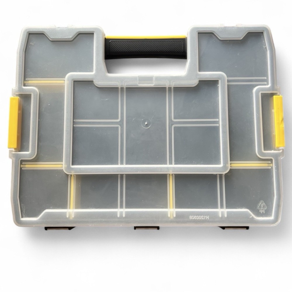 Plastic Tool Organizer Box with Handle, Compartments, Black/Yellow/Clear