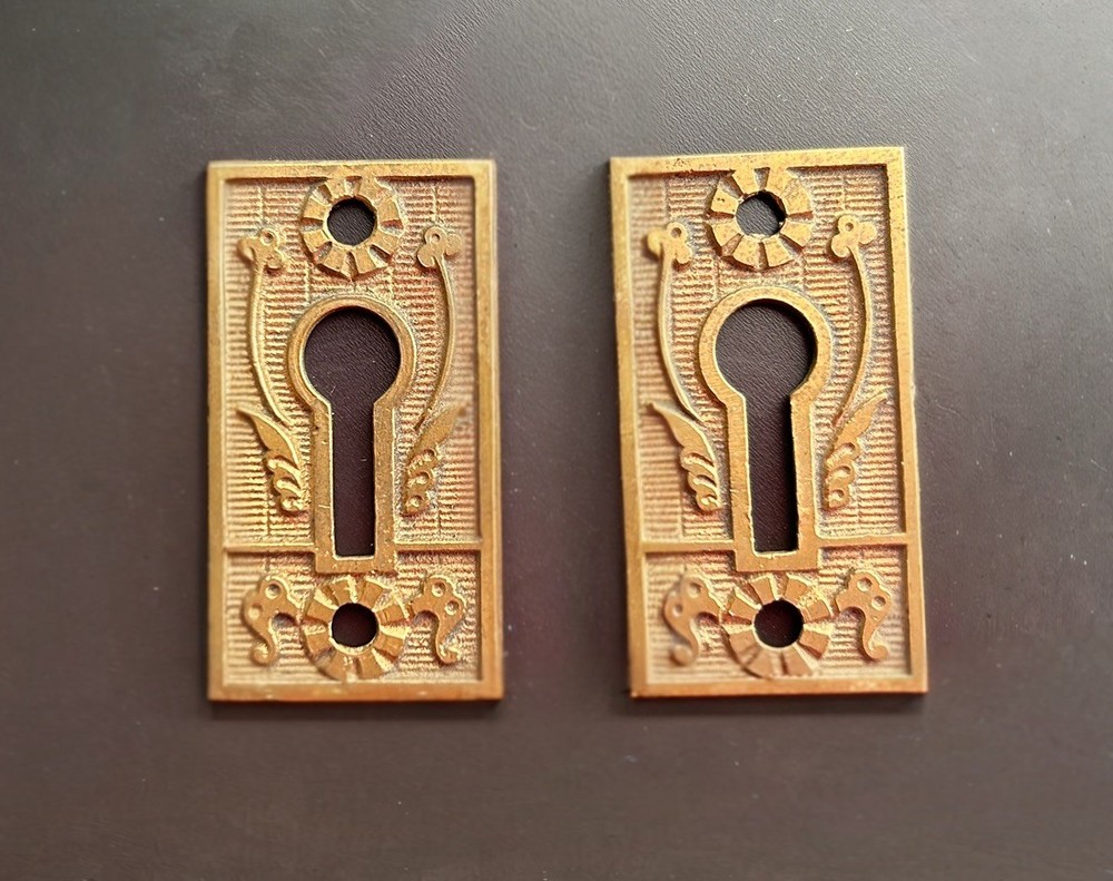 Antique 5" Solid Brass Steeple Tip Hinges (3) & Escutcheons (2) Reclaimed