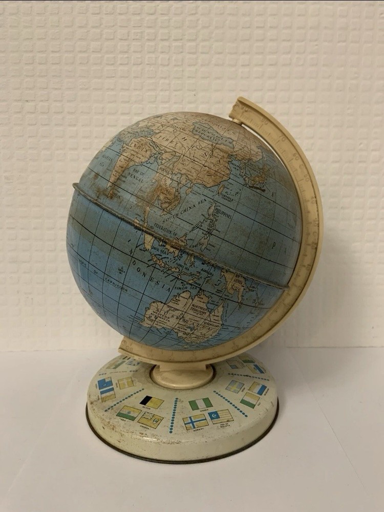 Vintage 1950’s Desktop Rotating Tin Globe World Map