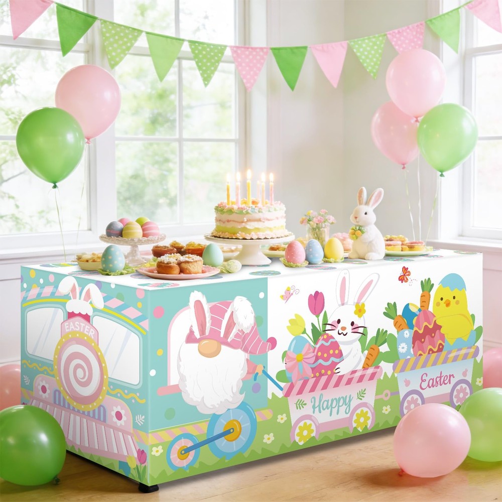 6 Ft Easter Gnome Train Tablecloth Easter Decorations Gnome Bunny Train Dining T