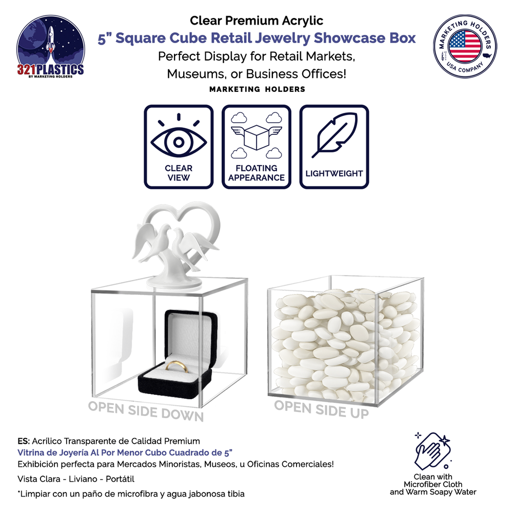 2 Pack 5" Acrylic Box Clear Riser 5 Sided Counter Square Pedestal Display Bin