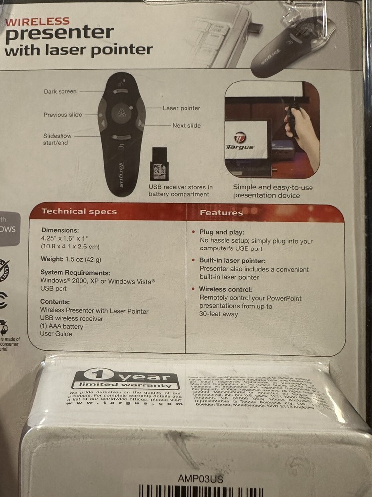 Targus Wireless Presenter Laser Pointer Remote AMP03US New in OEM Packaging