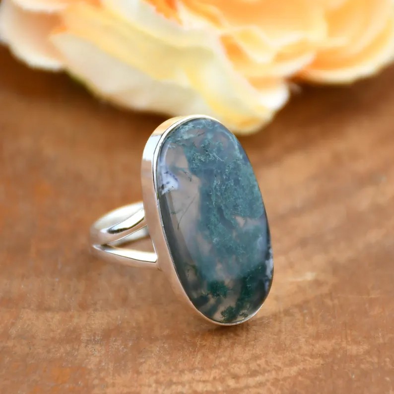 Solid 925 Sterling Silver Natural Moss Agate Large Oval Gemstone Handmade Ring