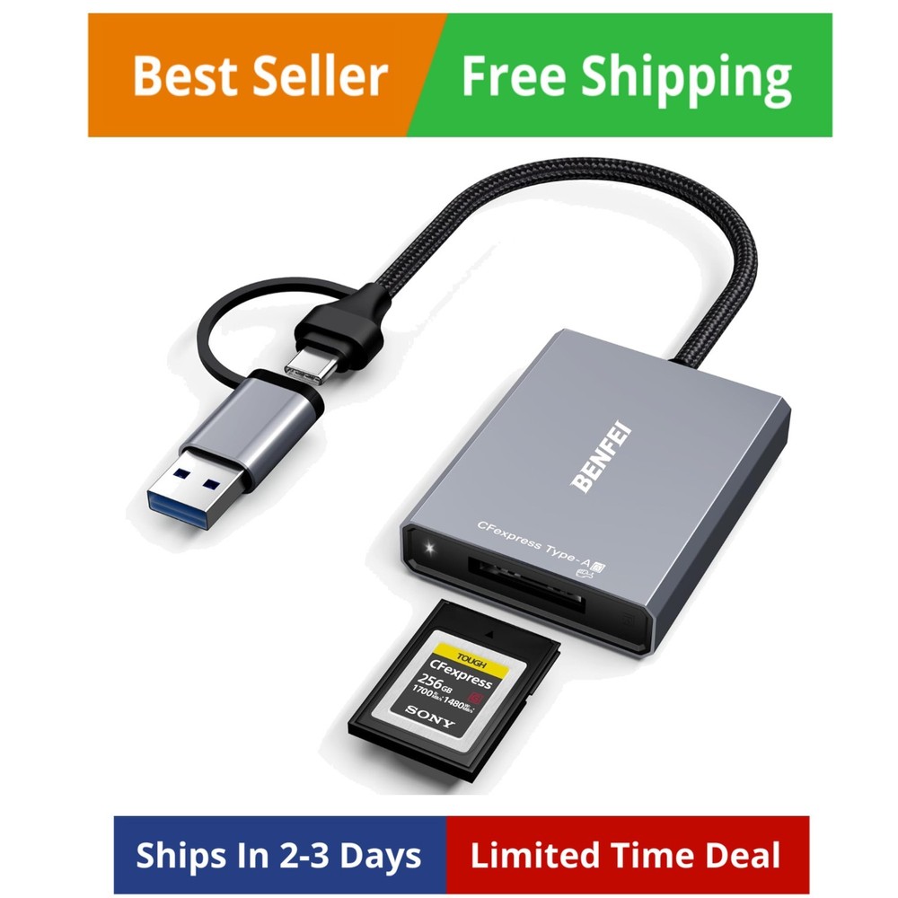CFexpress Type A Card Reader, USB-C/USB-A 2-in-1, 10Gbps, Multi-OS Compatible