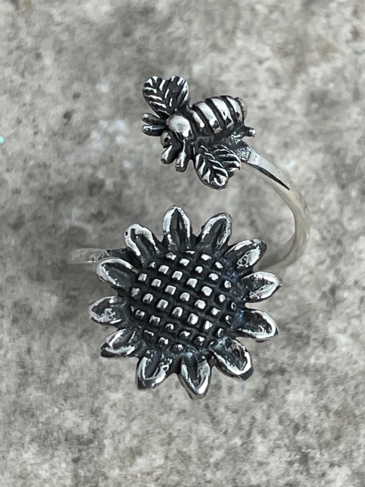 Sterling Silver Sunflower Bumblebee Ring, Dainty Spoon Ring
